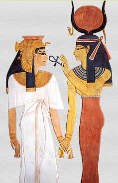 Isis feeding the Ankh of eternal life to an Egyptian Queen.