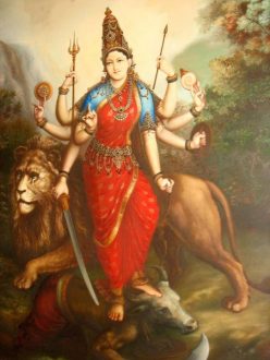 The Hindu goddess Durga conquering the demon Mahisasura