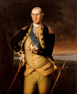 Portrait of the first president of the United States republic, George Washington, doing the Freemason "hidden hand" sign, in this painting from 1776.
