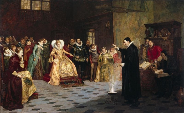 The occultist, astrologer, and consultant to Queen Elizabeth I, performing an experiment before her.