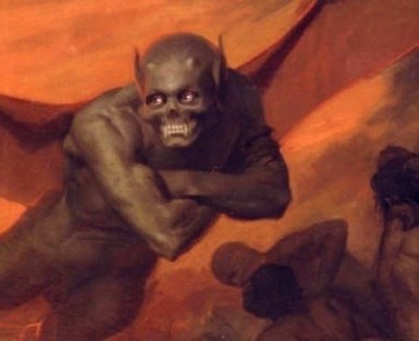 A depiction of a demonic entity in hell/the infra-dimensions with its left arm crossed over its right.